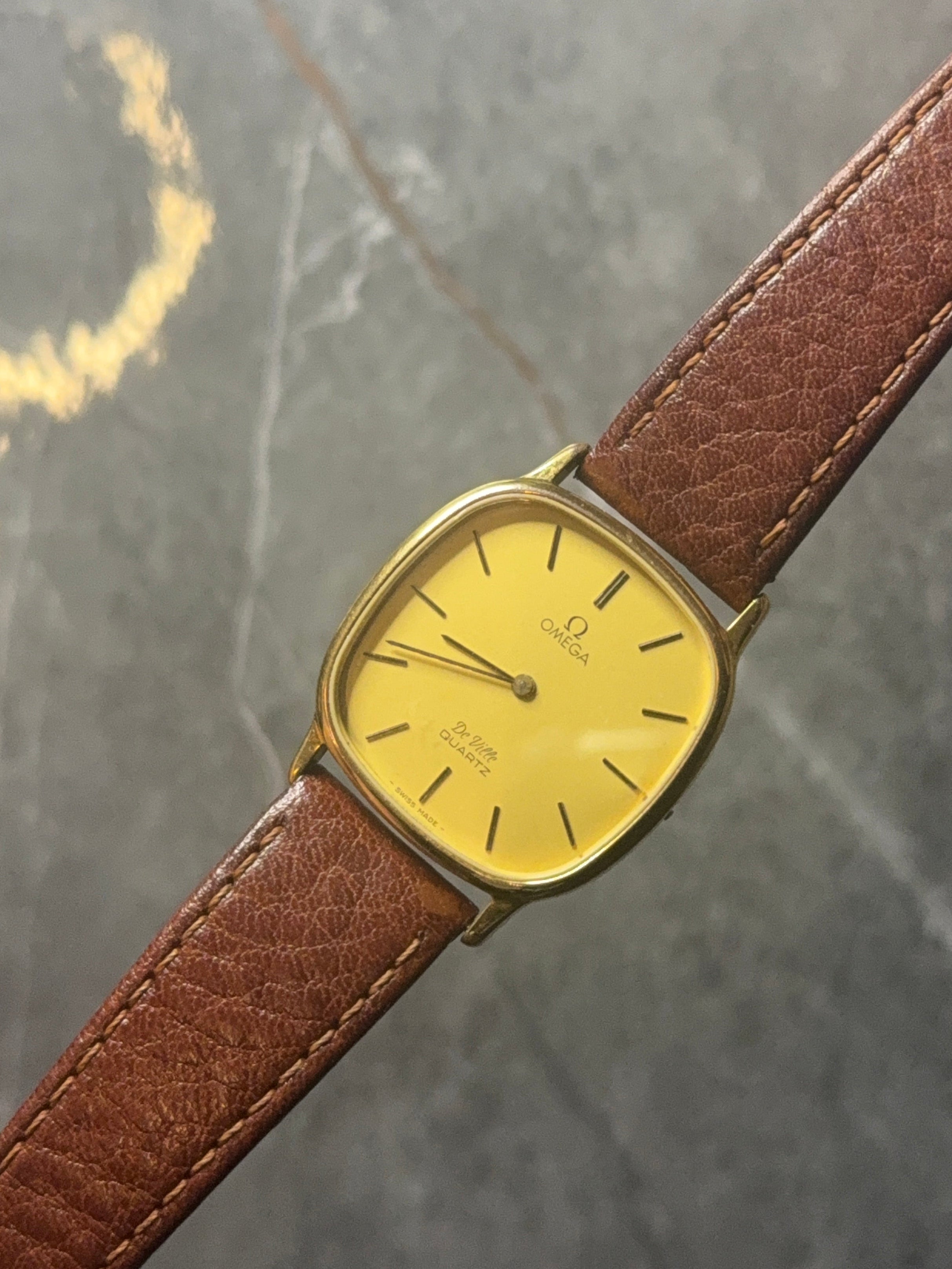 gold plated omega cushion case deville quartz vintage mens watch